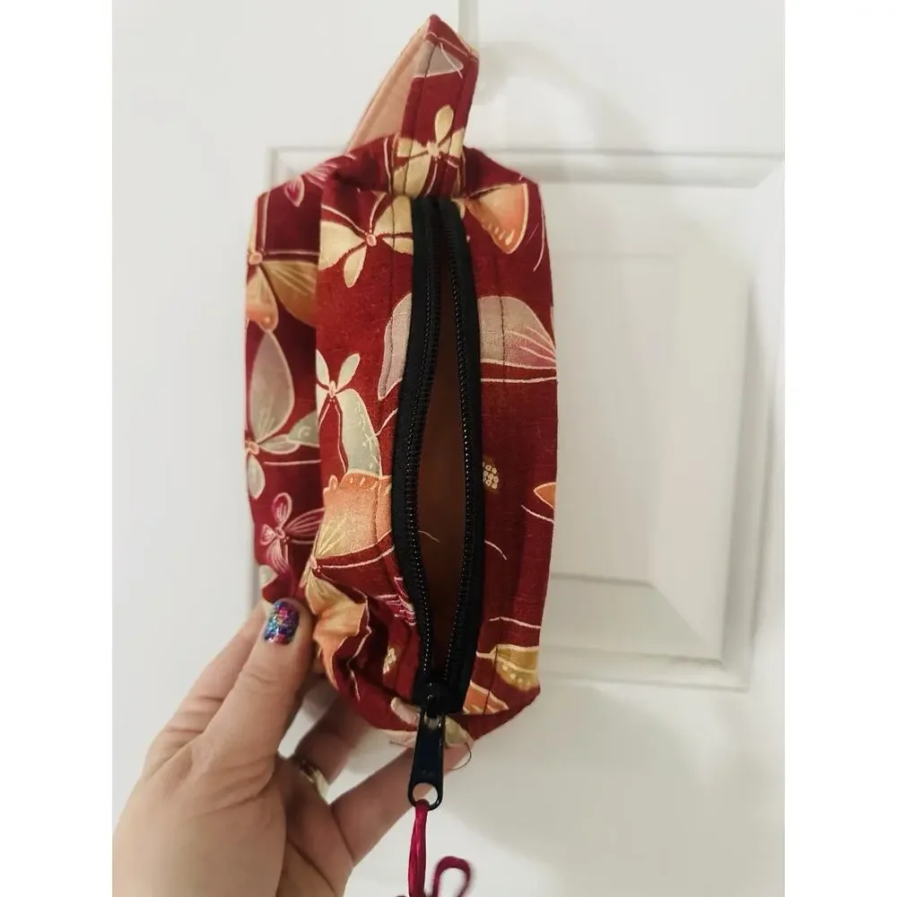 Small Cosmetic Travel Bag With Zipper. Red Floral Pattern